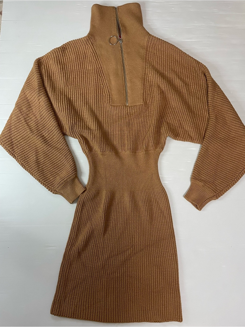 STAUD Kirby Sweater Mini Dress Camel Brown Ribbed Knit Size S Classic Luxury
